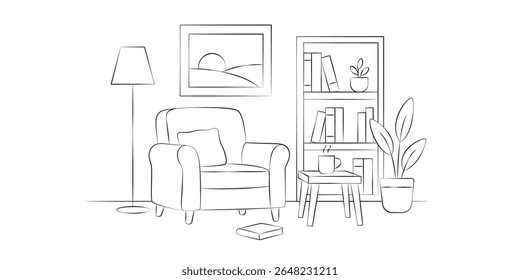 Minimalist Line Drawing of Cozy Home Reading Nook