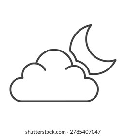 A minimalist line drawing of a crescent moon peeking through fluffy white clouds at night