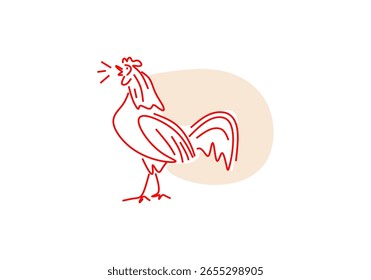 Dibujo de línea minimalista de un gallo cantor con un fondo naranja suave. 