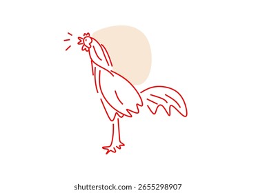 Dibujo de línea minimalista de un gallo cantor con un fondo naranja suave. 
