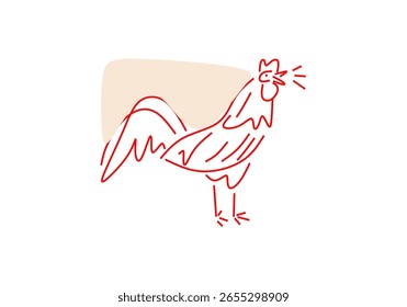 Dibujo de línea minimalista de un gallo cantor con un fondo naranja suave. 