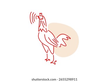 Dibujo de línea minimalista de un gallo cantor con un fondo naranja suave. 
