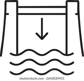 A minimalist line drawing of a dam with an arrow indicating water flow, symbolizing hydroelectric power generation.