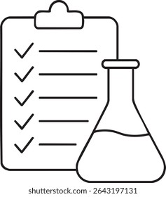 A minimalist line drawing depicting a clipboard with checkmarks and a flask, representing science, research, and laboratory work.