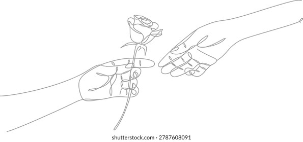 Minimalist line drawing depicting a delicate gesture of gift giving a symbol of love and affection for romantic campaigns.
