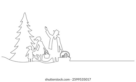 A minimalist line drawing depicting a family celebrating Christmas. The artwork showcases a father, mother, and child near a Christmas tree with gifts, rendered in a simple, elegant style.