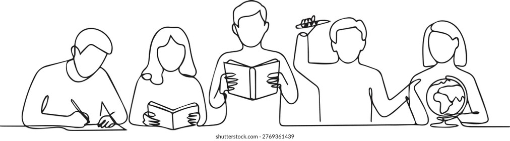 A minimalist line drawing depicting five individuals engaged in reading and learning activities, showcasing a scene of collaborative education and intellectual pursuit in a simple yet expressive style