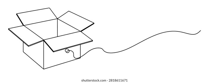 Minimalist line drawing depicting open cardboard container connected by dotted path leading away, highlighting logistics concept, shipping route, delivery process, package tracking, distribution, freight, cargo, transport, mailing, parcel.