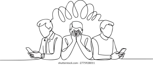 A minimalist line drawing depicting three individuals seated and engaged with their mobile phones, one covering their face in distress while the others appear oblivious, all in a simple yet expressive

