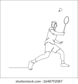 Um desenho de linha minimalista retrata um jogador de badminton em ação, raquete posicionada para bater em uma nave auxiliar que está suspensa no ar.