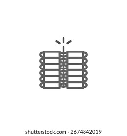 Un dibujo de línea minimalista representa un Paquete de palos de dinamita o petardo conectados por una mecha central. La Imagen transmite tanto el potencial de celebración y emoción, así como lo inherente