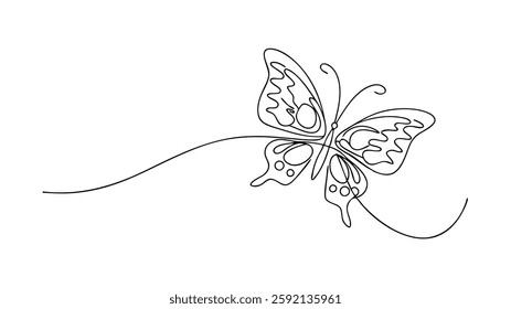 A minimalist line drawing depicts a butterfly in flight, its wings detailed with intricate patterns. The single continuous line creates a graceful, elegant form.