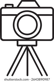 A minimalist line drawing depicts a camera mounted on a tripod, rendered in black outline against a white background.