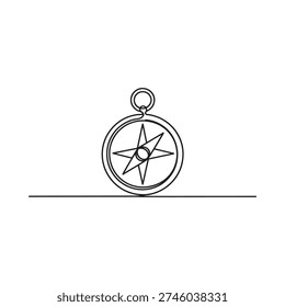 A minimalist line drawing depicts a compass with a five pointed star inside suspended from a loop
