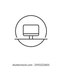 A minimalist line drawing depicts a computer monitor within a circle, intersected by a horizontal line at the bottom representing the desk. This icon symbolizes technology and digital interfaces.