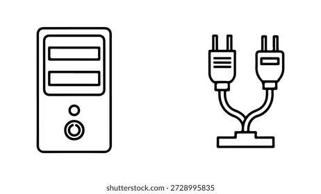 Um desenho de linha minimalista representa uma torre de computador à esquerda e um par de cabos de alimentação à direita. A torre do computador é um retângulo vertical com dois slots horizontais na parte superior, um círculo menor abaixo deles e um círculo maior na parte inferior, representando botões ou portas. Os cabos de alimentação são mostrados ramificando-se de uma base em dois plugues distintos, cada um com linhas horizontais indicando pinos. O estilo é simples e usa apenas contornos pretos em um fundo branco, adequado para ícones ou diagramas técnicos.
