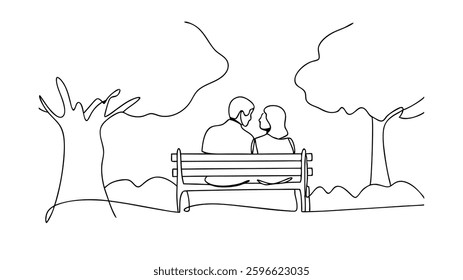 A minimalist line drawing depicts a couple sitting on a park bench, surrounded by trees. They are seen from behind, seemingly enjoying each others company.