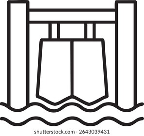 A minimalist line drawing depicts a dam structure with water flowing underneath, rendered in black and white for clarity.