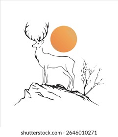 A minimalist line drawing depicts a deer standing on a rocky outcrop, silhouetted against a large orange sun and a small, leafless tree.