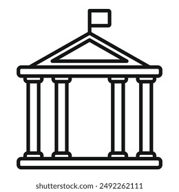 A minimalist line drawing depicts the facade of a stately government structure