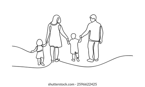 A minimalist line drawing depicts a family of foremother, father, and two young children holding hands and strolling along a gently curved path.