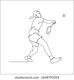 Um desenho de linha minimalista retrata uma jogadora de badminton no meio do balanço, raquete estendida para atingir uma nave auxiliar em um tiro de ação dinâmica.