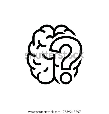 A minimalist line drawing depicts a human brain with a prominent question mark embedded within its structure, symbolizing thought, doubt, and the search for answers.