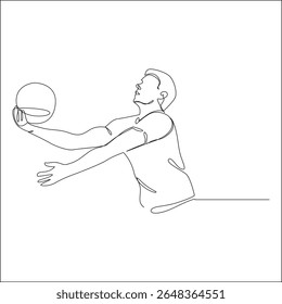A minimalist line drawing depicts a male volleyball player in a receiving stance, with arms extended forward to hit the ball.