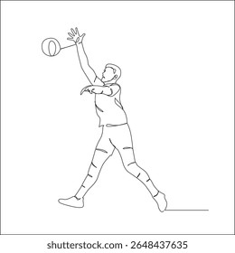 A minimalist line drawing depicts a male volleyball player in action, arm raised high, poised to hit the ball after a jump.