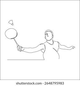Um desenho de linha minimalista retrata um jogador de badminton masculino, raquete na mão, com uma nave auxiliar no ar, pronto para um tiro.