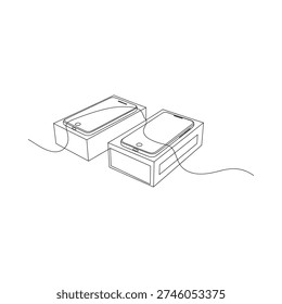 A minimalist line drawing depicts an open smartphone box with a phone and charging cable high quality