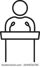 A minimalist line drawing depicts a person standing behind a podium with two microphones, representing public speaking or a presentation.