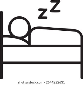Um desenho de linha minimalista retrata uma pessoa dormindo em uma cama, com símbolos "Zzz" indicando sono.