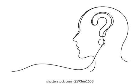 A minimalist line drawing depicts a persons head in profile, with a question mark subtly placed within the heads silhouette. The image symbolizes curiosity and thought.