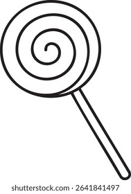 A minimalist line drawing depicts a round lollipop with a spiral design on a stick, all in black and white.