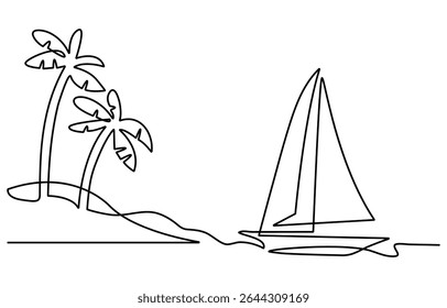 A minimalist line drawing depicts a sailboat plam tree with a single sail navigating wavy ocean waters. The artwork is created with a continuous line, showcasing simplicity and elegance.