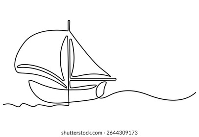 A minimalist line drawing depicts a sailboat plam tree with a single sail navigating wavy ocean waters. The artwork is created with a continuous line, showcasing simplicity and elegance.