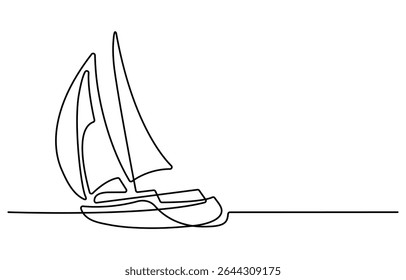 A minimalist line drawing depicts a sailboat plam tree with a single sail navigating wavy ocean waters. The artwork is created with a continuous line, showcasing simplicity and elegance.