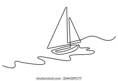 A minimalist line drawing depicts a sailboat plam tree with a single sail navigating wavy ocean waters. The artwork is created with a continuous line, showcasing simplicity and elegance.