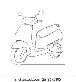 Um desenho de linha minimalista retrata uma scooter ou ciclomotor em perfil, mostrando suas curvas elegantes e características essenciais contra um fundo branco plano.