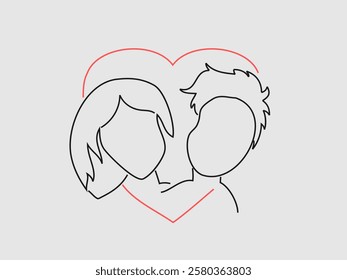 A minimalist line drawing depicts the silhouettes of a couple within a red heart outline against a light gray background