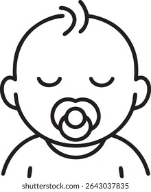 A minimalist line drawing depicts a sleeping baby with closed eyes and a pacifier in their mouth. The image conveys peace and tranquility.
