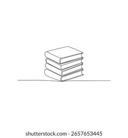 A minimalist line drawing depicts a stack of four books. The black lines contrast against the white background. The simple composition emphasizes the books' form.