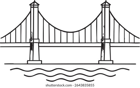 Um desenho de linha minimalista retrata uma ponte suspensa com duas torres e cabos que se estendem sobre a água com ondas suaves.