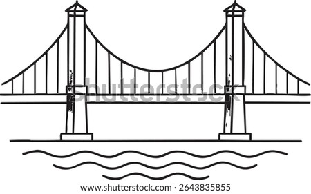 A minimalist line drawing depicts a suspension bridge with two towers and cables spanning over water with gentle waves.