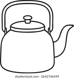 A minimalist line drawing depicts a tea kettle with a rounded body, curved spout, lid, and a looped handle.