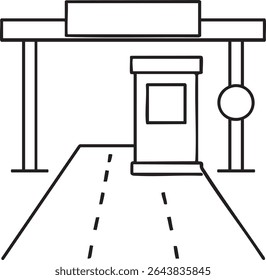 Um desenho de linha minimalista representa uma cabine de pedágio com uma estrada que leva a ele, marcada por linhas tracejadas.