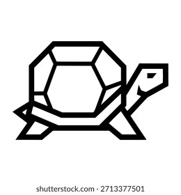 A minimalist line drawing depicts a turtle with a uniquely shaped, geometric shell.
