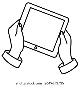 A minimalist line drawing depicts two hands holding a tablet device. The hands are outlined in black against a white background. 