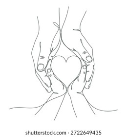 Un dibujo de línea minimalista representa dos manos con ternura sosteniendo una forma de corazón.